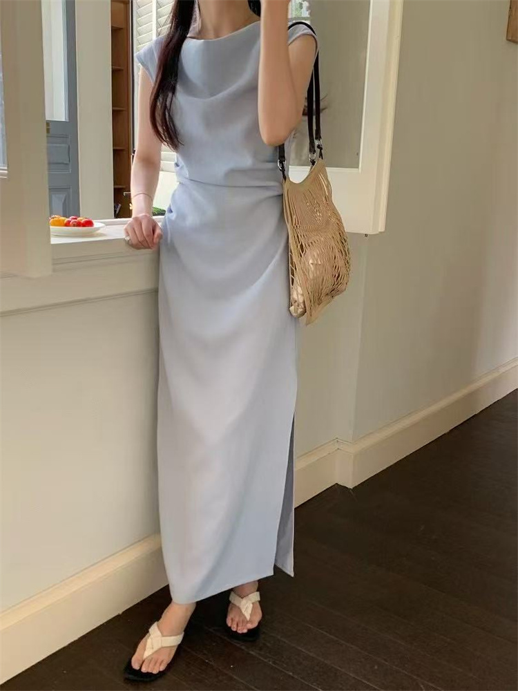 ロングワンピース ノースリーブ袖無し体型カバーウエストリボンスリット付きワンピース