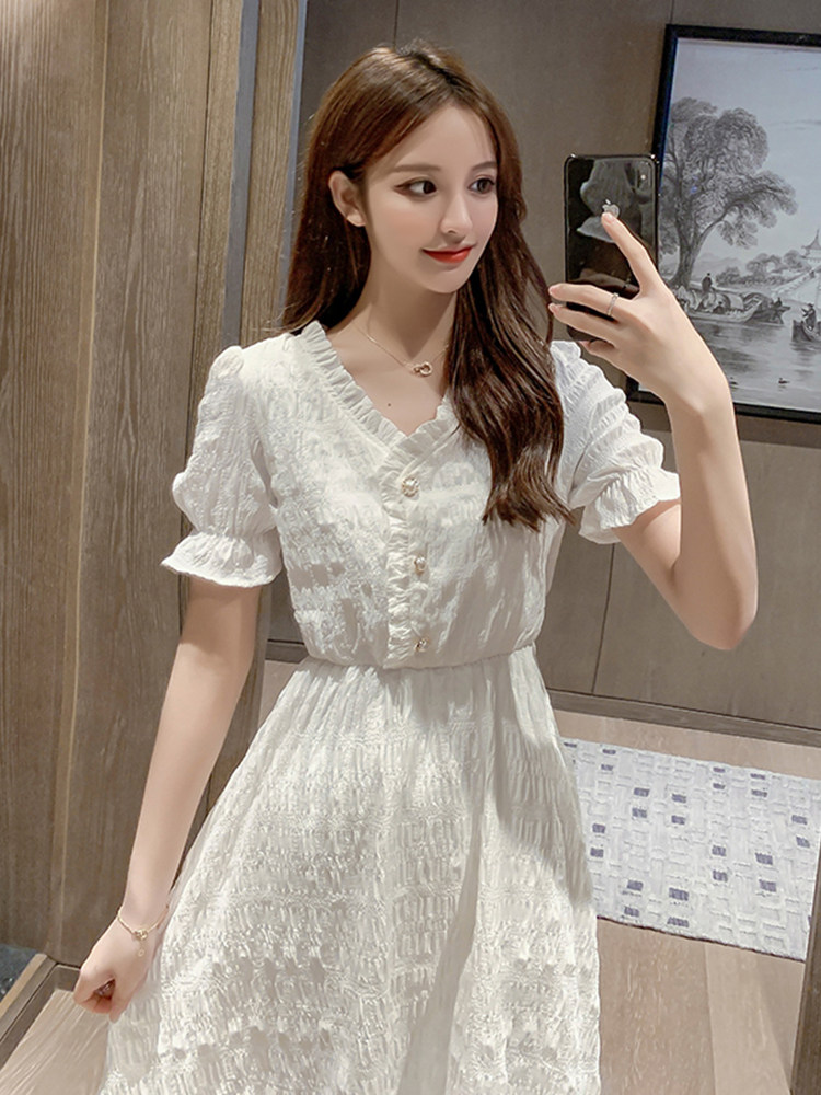 ロングワンピース シャツ シアー楊柳素材のパフスリーブシャツワンピース