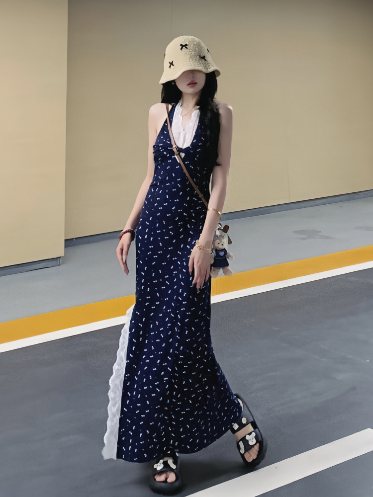 ロングワンピース レース リボン模様 サイドレース ロングワンピース