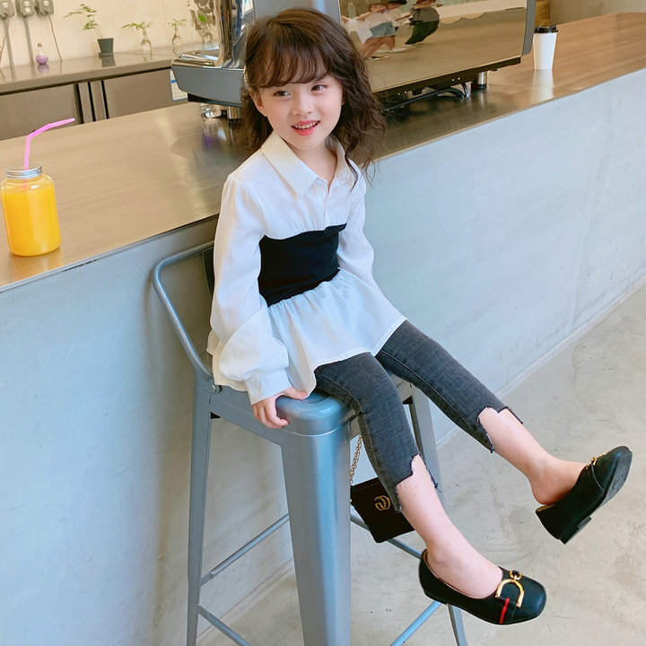 ロングワンピース キッズ女の子 韓国風ふんわり袖 コルセット風白ブラウス
