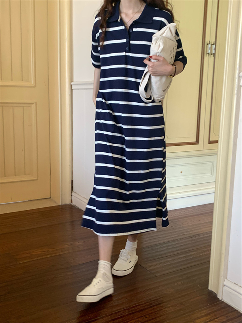 ロングワンピース スウェット 襟付きボーダー柄スウェットロングワンピース
