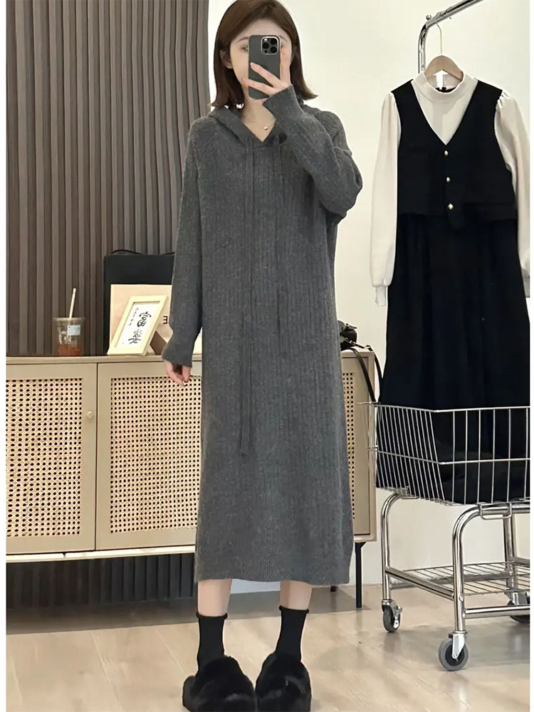ロングワンピース リブ編みフード付きニットワンピース