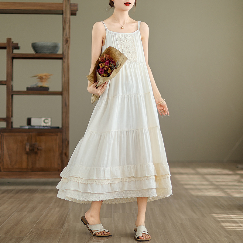 ロングワンピース 上品レース装飾キャミワンピース ゆったり着心地の良いティアード