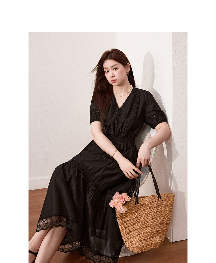 ロングワンピース レース 優美レース切替ティアードワンピース