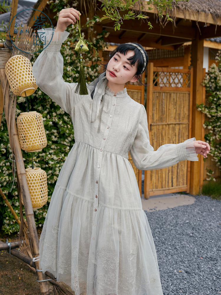 ロングワンピース シャツ フリル襟リボン付きティアード長袖シャツワンピース