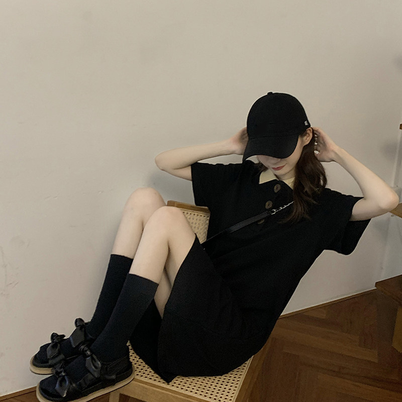 ロングワンピース ポロシャツ 丸襟ボタン飾り半袖ポロシャツ風ロングワンピース