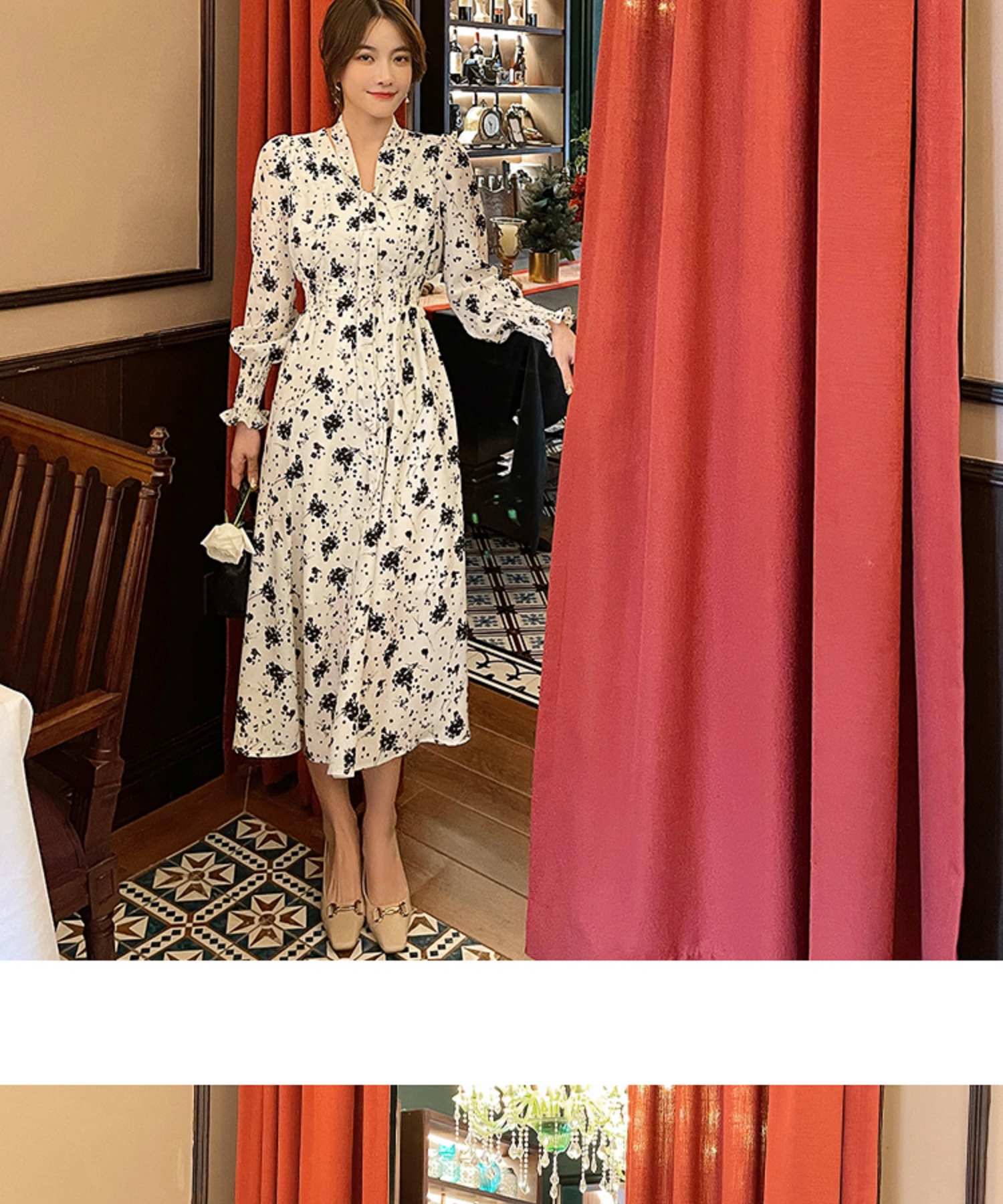 ロングワンピース シャツ 花柄プリント長袖襟付きロングワンピース