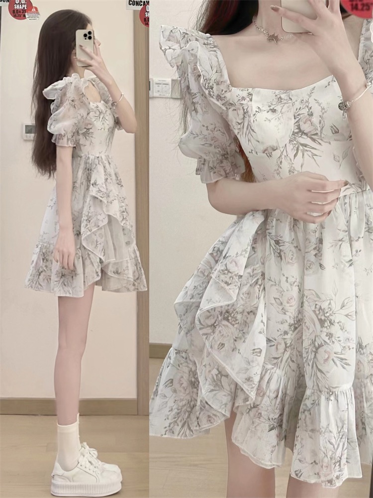 花柄フリル袖ロングワンピース 韓国風上品ミディ丈