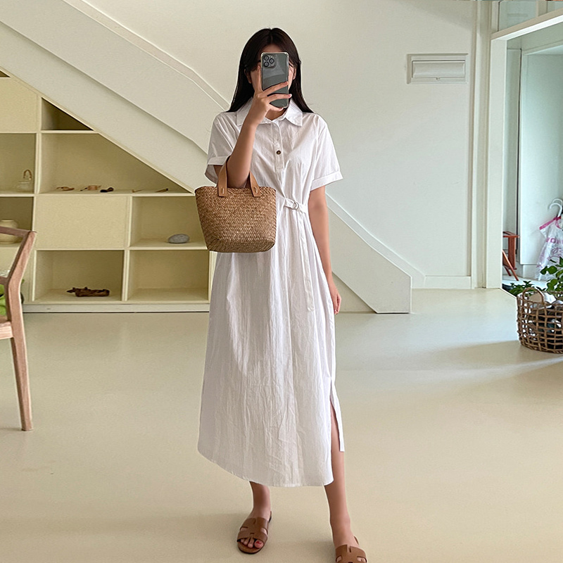 ロングワンピース シャツ 襟付き半袖ウエストリボンロングワンピース