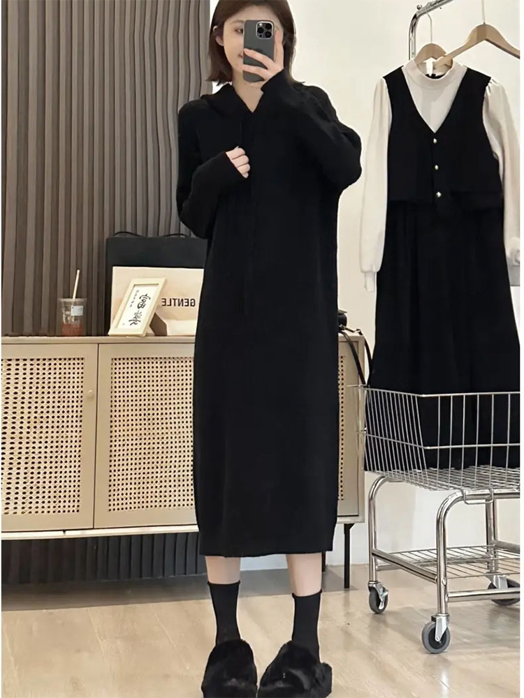 ロングワンピース リブ編みフード付きニットワンピース