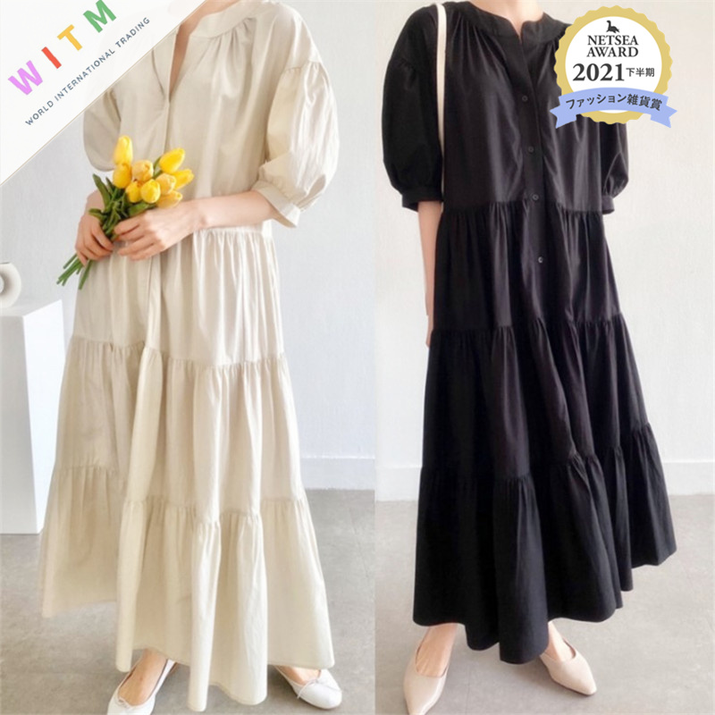 ロングワンピース 春夏新作 フリル袖ワンピース ロング丈 体型カバー 韓国風