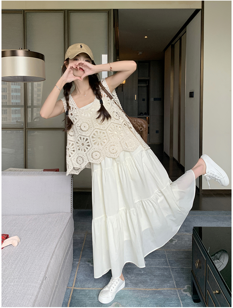 ロングワンピース キャミ 花柄レース編み重ね着風ティアードロングキャミソールワンピース
