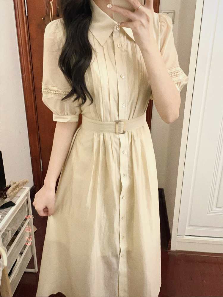 ロングワンピース シャツ ピンタック襟付き半袖ベルト付きシャツワンピース