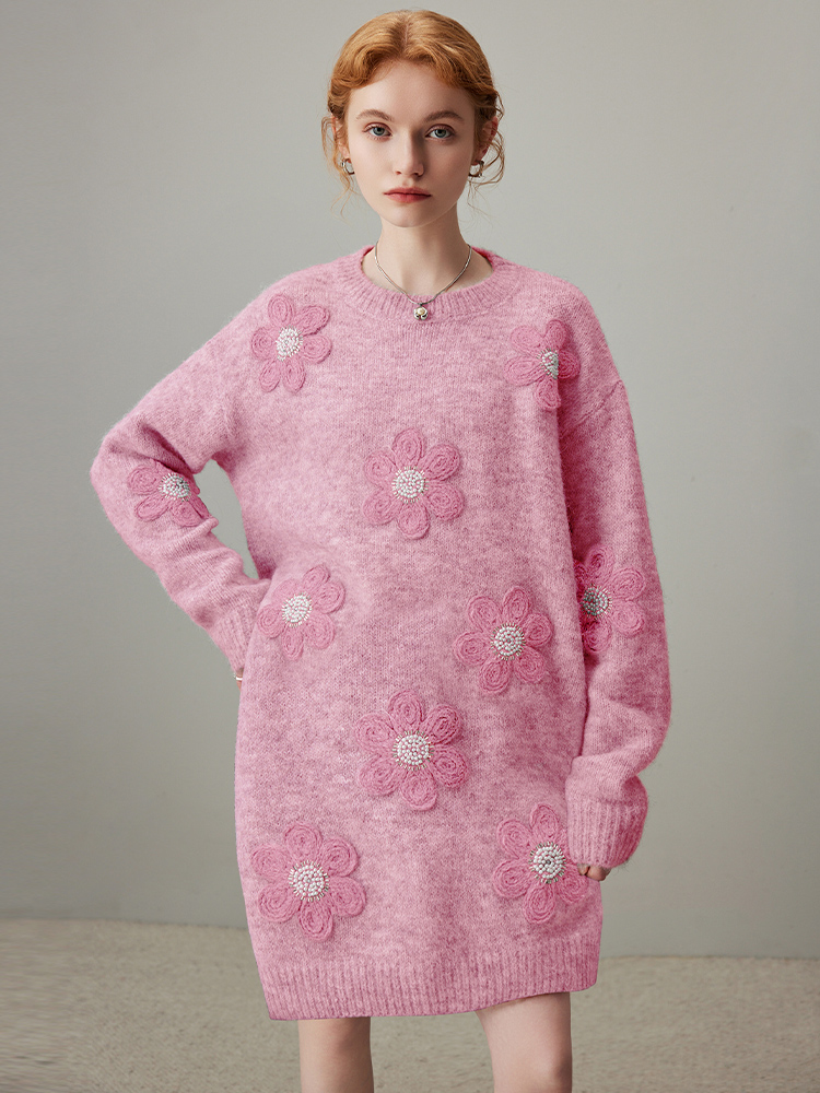 ロングワンピース ニット お花モチーフ立体刺繍ニットワンピース