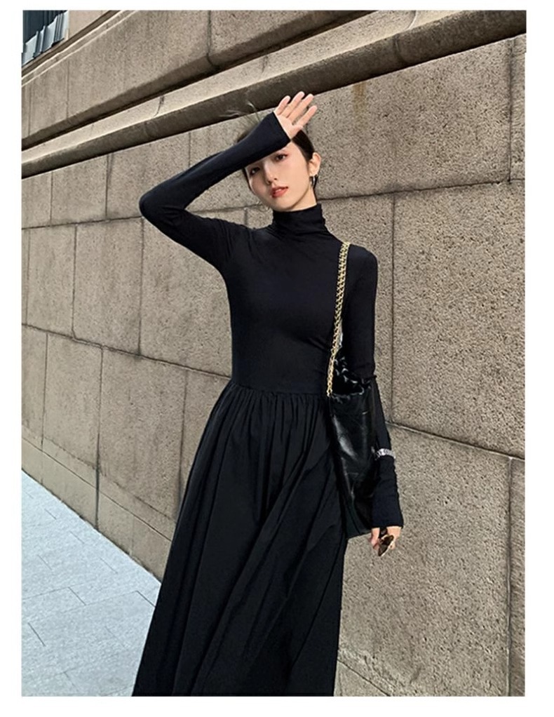 ロングワンピース ハイネックニットロング切替プリンセスワンピース