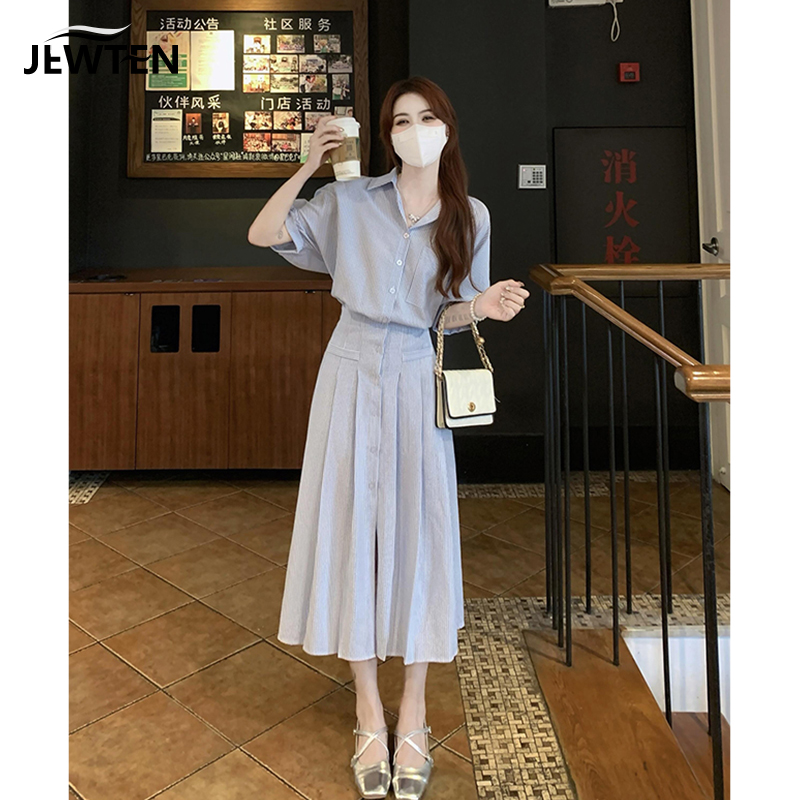 ロングワンピース シャツ 襟付き半袖プリーツスカート一体型ロングワンピース