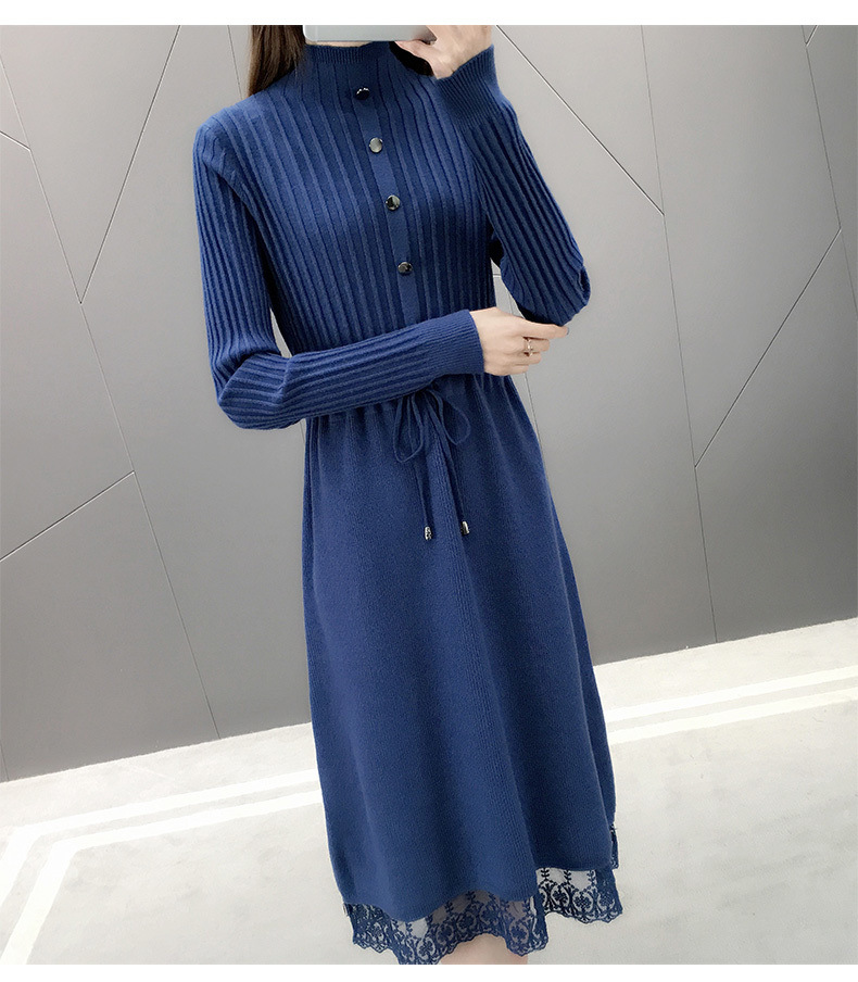 ロングワンピース レース付きリブニット ハイネックワンピース