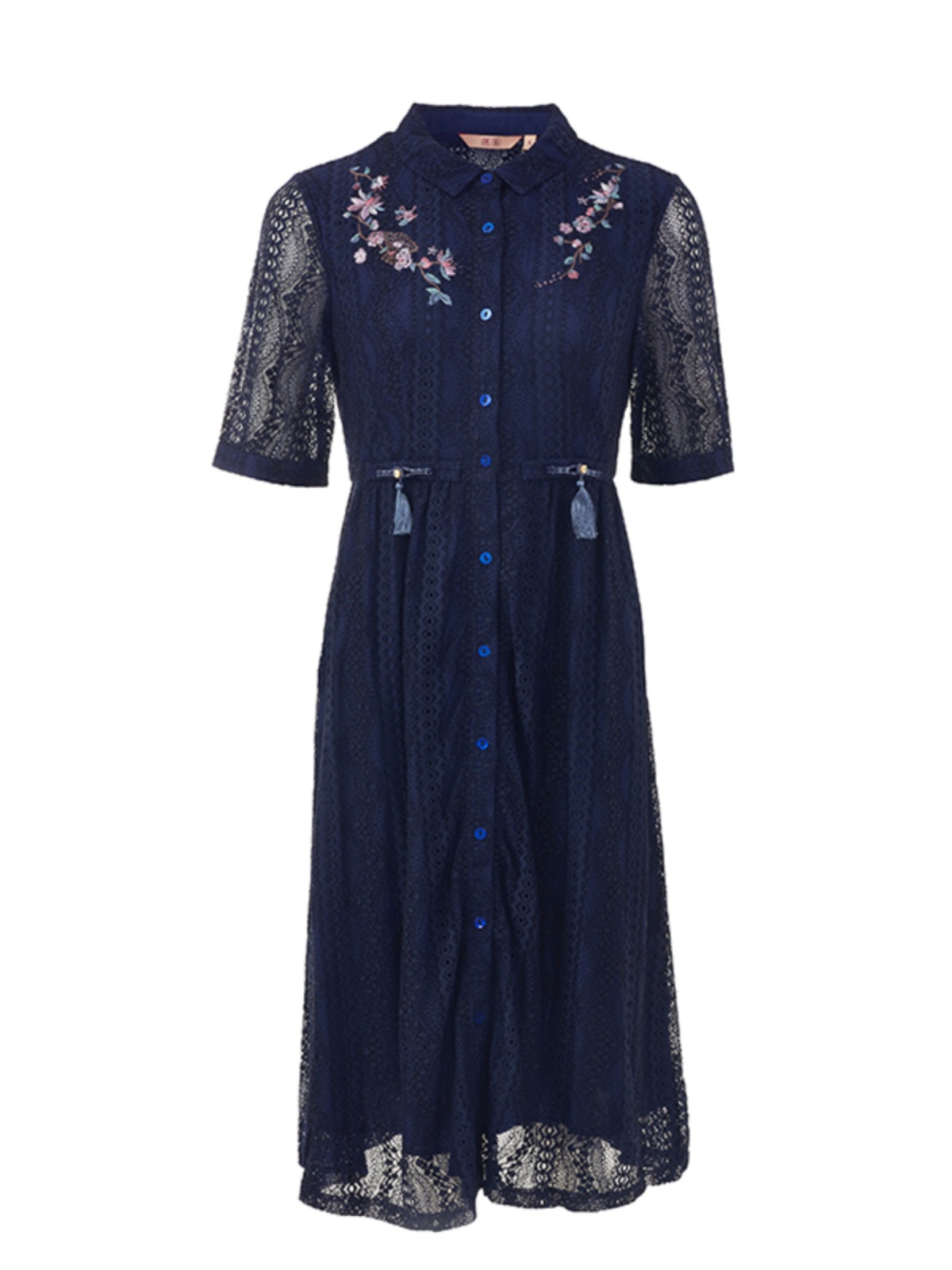 ロングワンピース レース 花刺繍入り透かしレースシャツワンピース