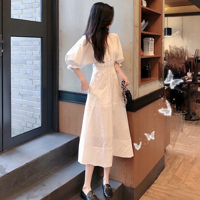 ロングワンピース シャツ パフスリーブ襟付きウエストマークロングワンピース