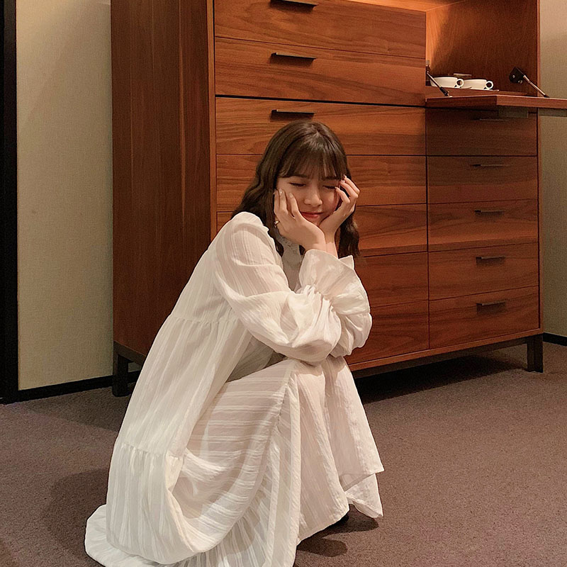 ロングワンピース シャツ ティアードフリル襟リボン袖シャツワンピース