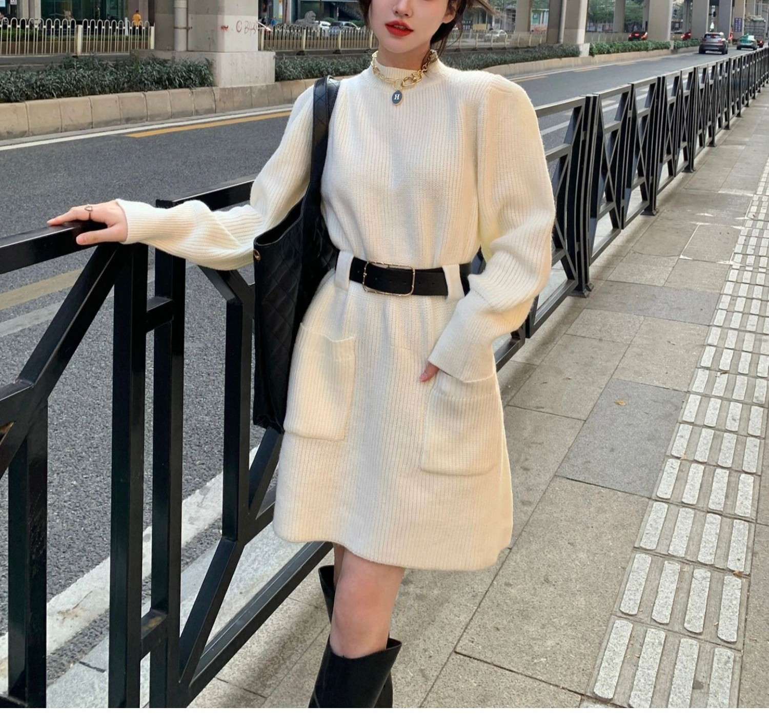 ロングワンピース ゆるふわベルト付きニットワンピース