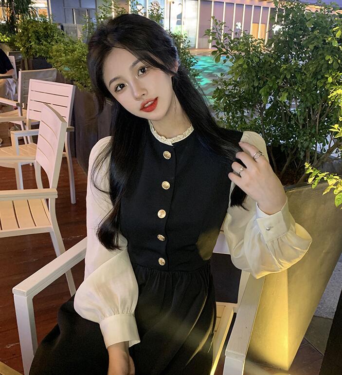 上品フレアロングワンピース レディース黒白配色