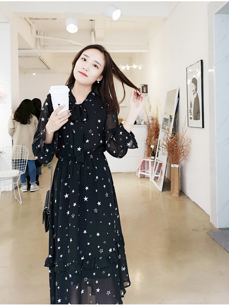 ロングワンピース シャツ 星柄シフォン長袖シャツワンピース