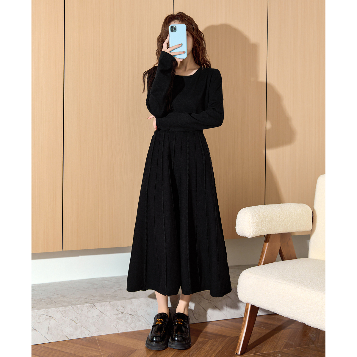 ロングワンピース ニット ふんわり優雅プリーツニットワンピース
