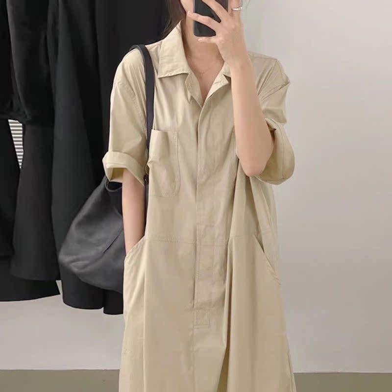 ロングワンピース シャツ 襟付きロールアップ袖ロングシャツワンピース