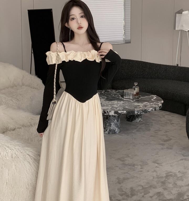 黒白配色キャミ風長袖ロングワンピース