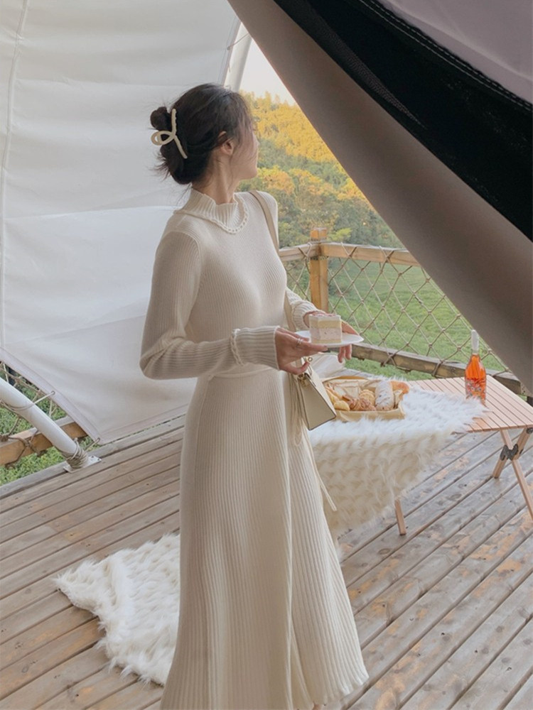 ロングワンピース タートルネック リブニットタートルネックロングワンピース