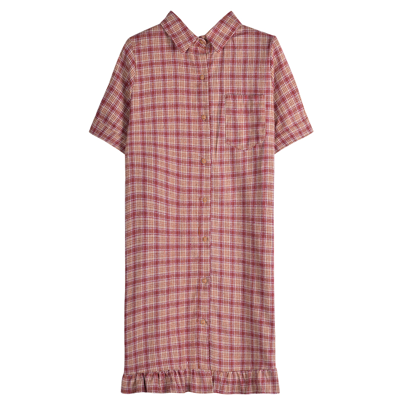 ロングワンピース シャツ チェック柄裾フリル半袖襟付きロングワンピース