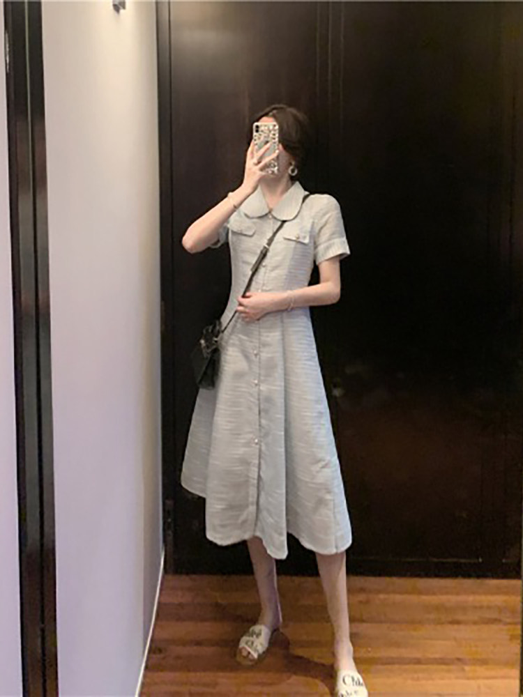 ロングワンピース ポロシャツ 丸襟半袖ボタン留めロングワンピース