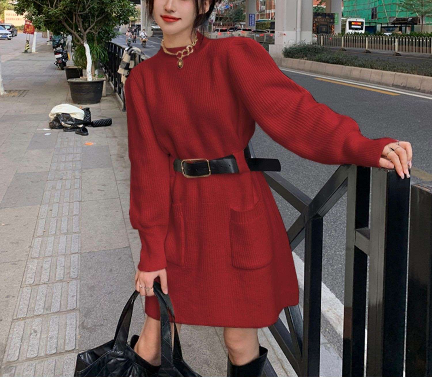 ロングワンピース ゆるふわベルト付きニットワンピース