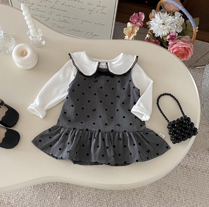 ロングワンピース ベビー服丸襟ワンピース長袖セット水玉柄