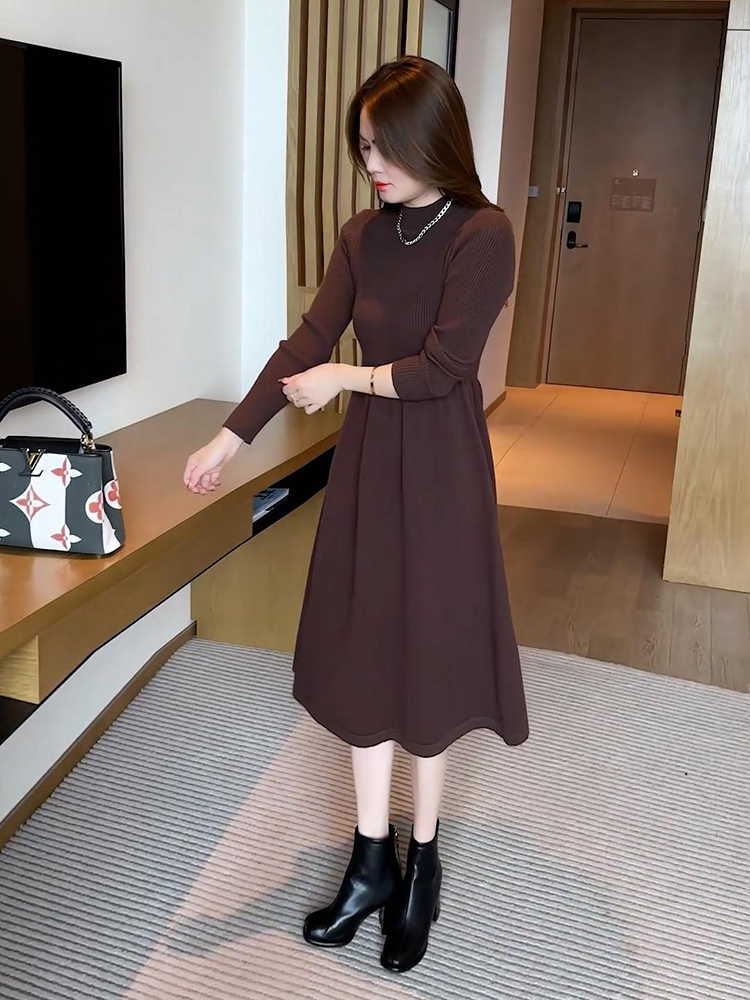 ロングワンピース ニット 上品リブ切替ハイネックニットワンピース