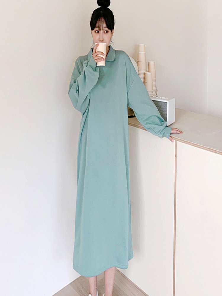 ロングワンピース ポロシャツ 襟付きゆったりシルエット長袖ワンピース