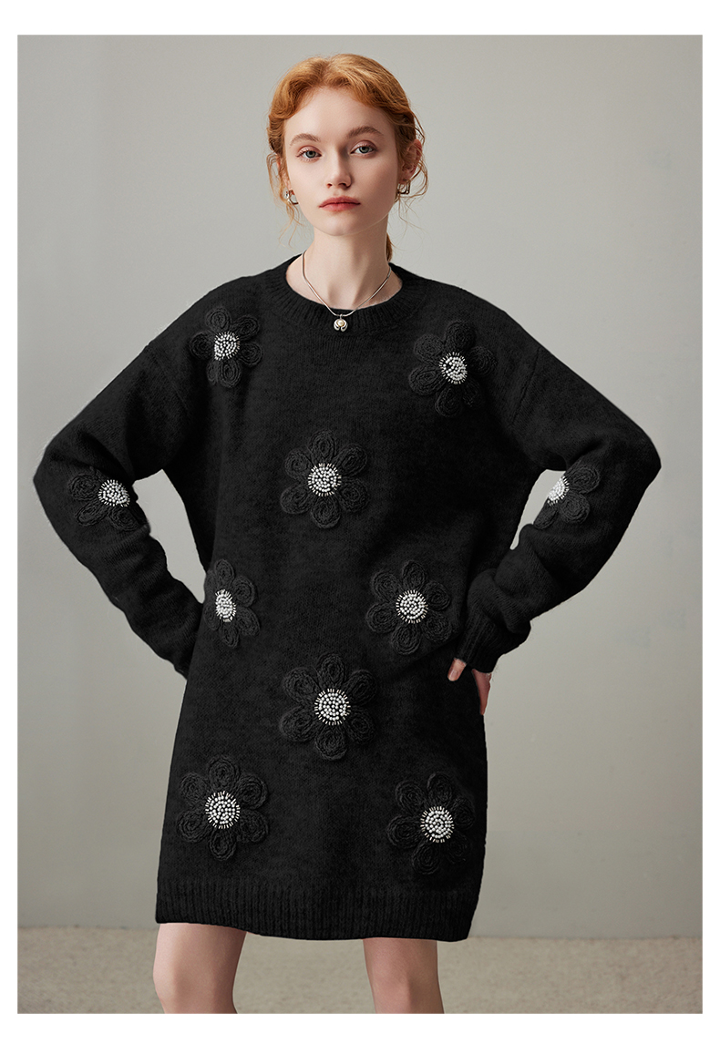 ロングワンピース ニット お花モチーフ立体刺繍ニットワンピース