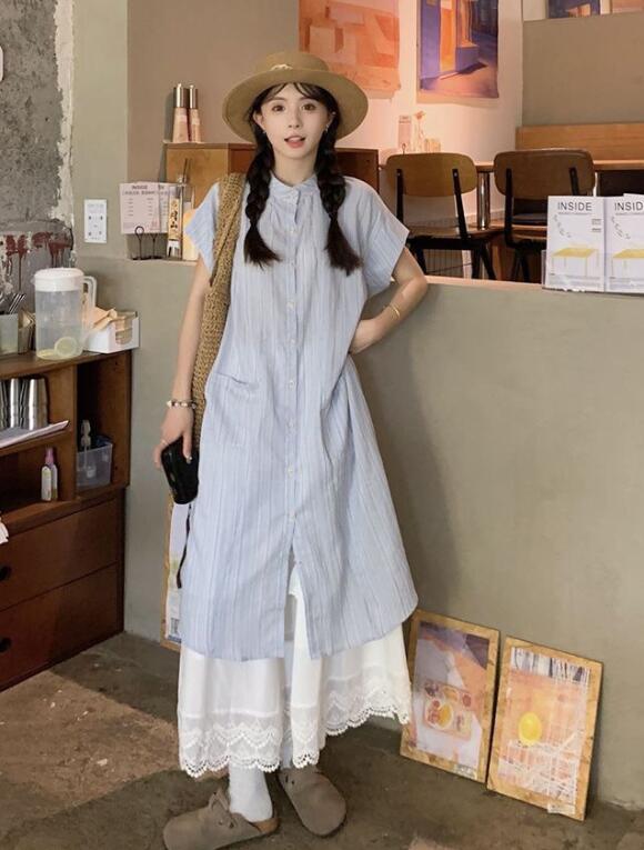 ロングワンピース 新作レディースシャツワンピース重ね着風２点セット