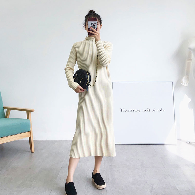 ロングワンピース ニット タートルネックリブ編みロングワンピース