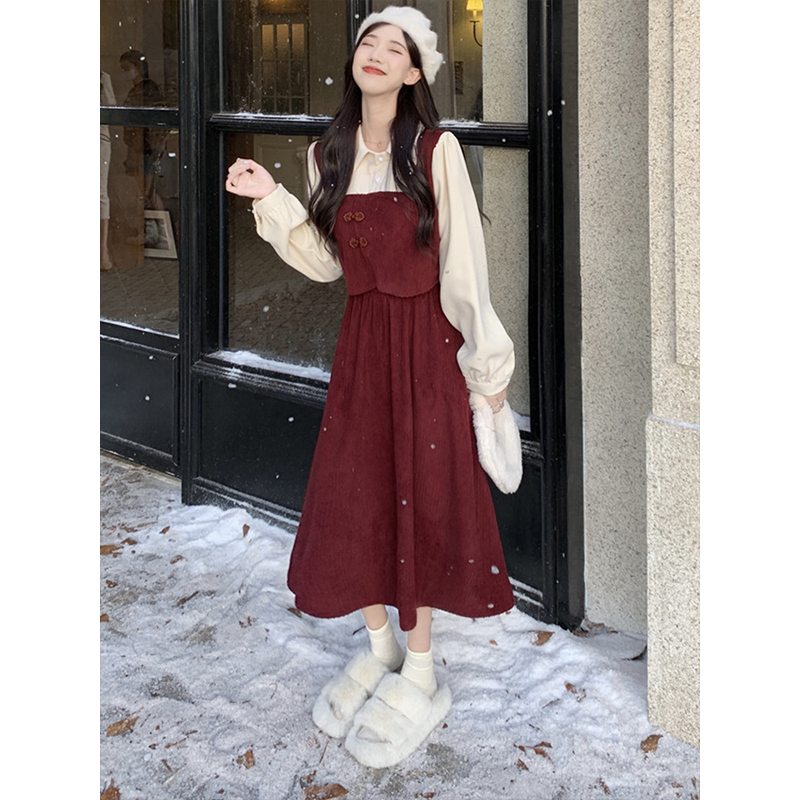 ロングワンピース シャツ ベスト重ね着風長袖シャツロングワンピース