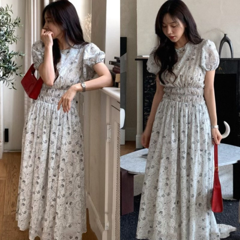 2025年春夏新作 花柄フリル袖 上品ロングワンピース
