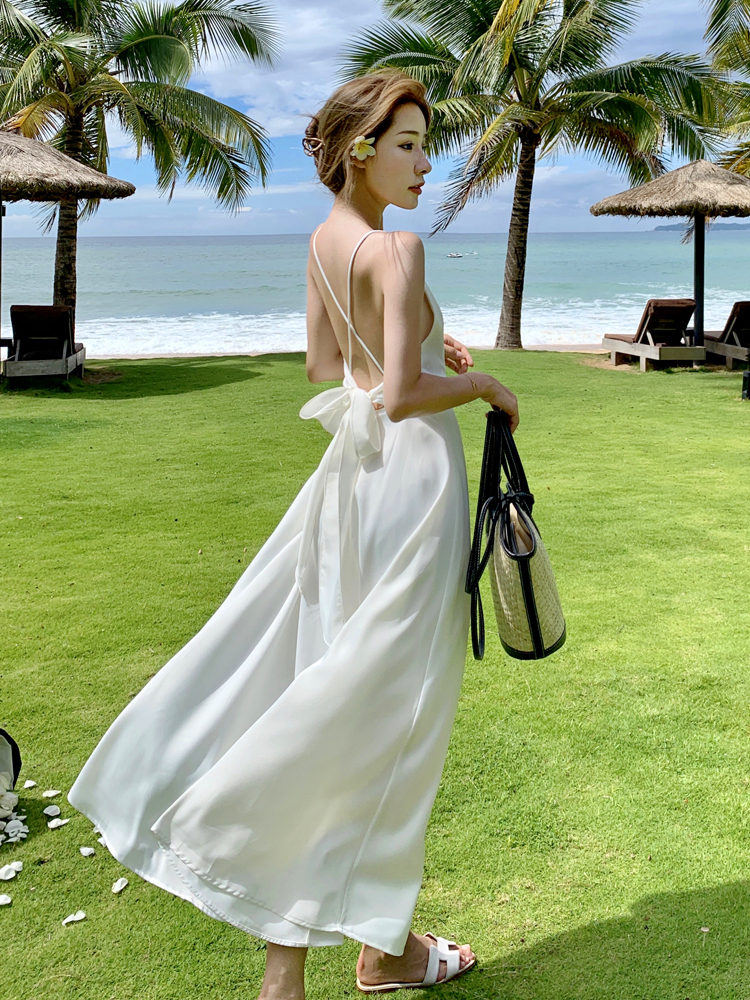 ロングワンピース キャミ 背中見せクロスストラップ リボン付きロングキャミワンピース