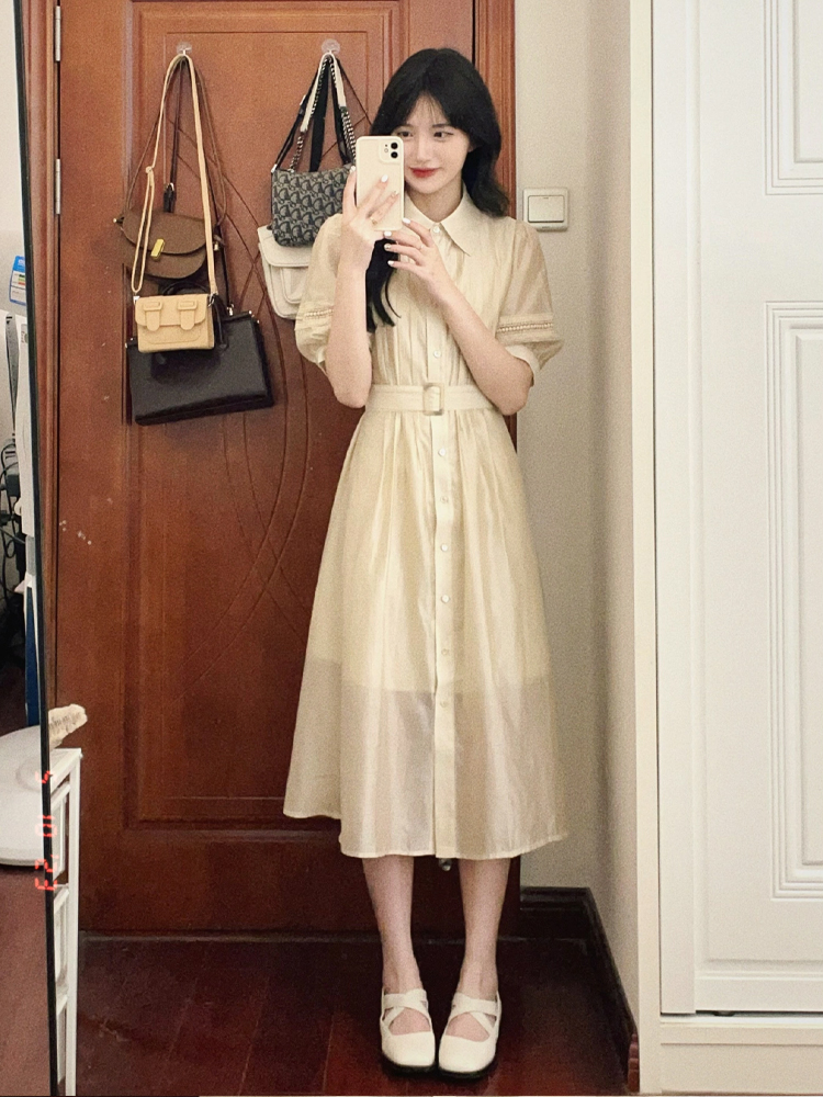 ロングワンピース シャツ ピンタック襟付き半袖ベルト付きシャツワンピース