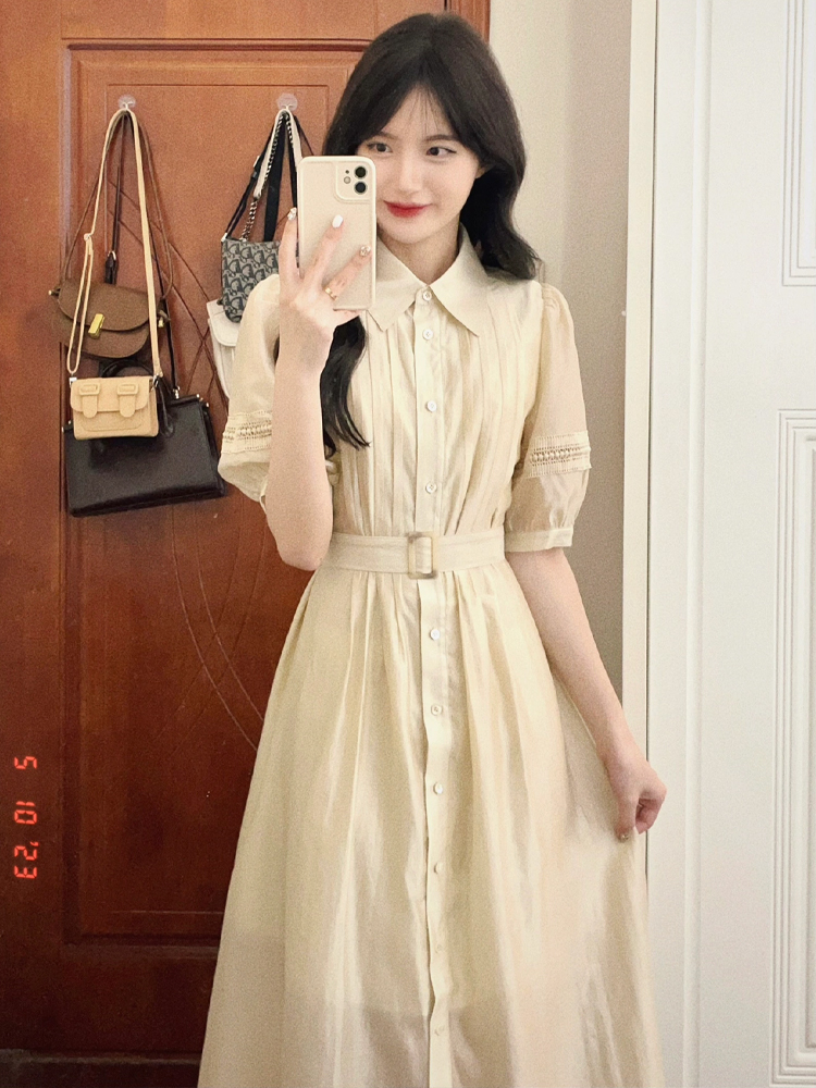 ロングワンピース シャツ ピンタック襟付き半袖ベルト付きシャツワンピース