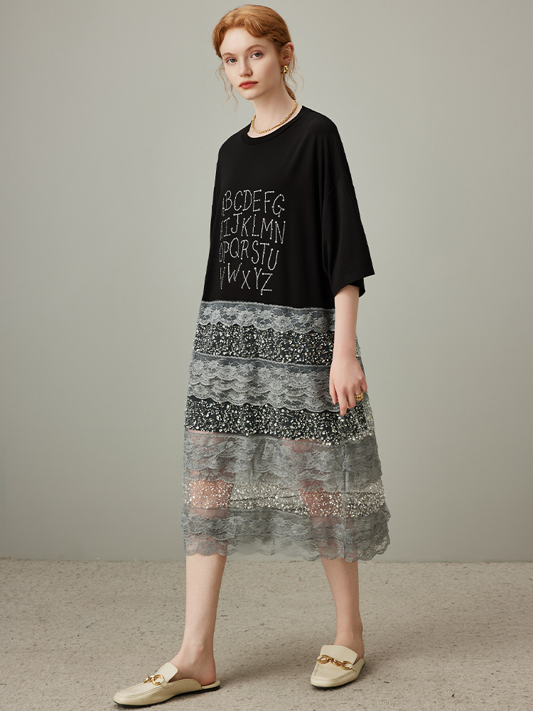 ロングワンピース レース 文字刺繍レース切替ロングワンピース