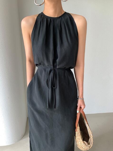 韓国風ノースリーブロングワンピース ウエストリボン付きチュニック