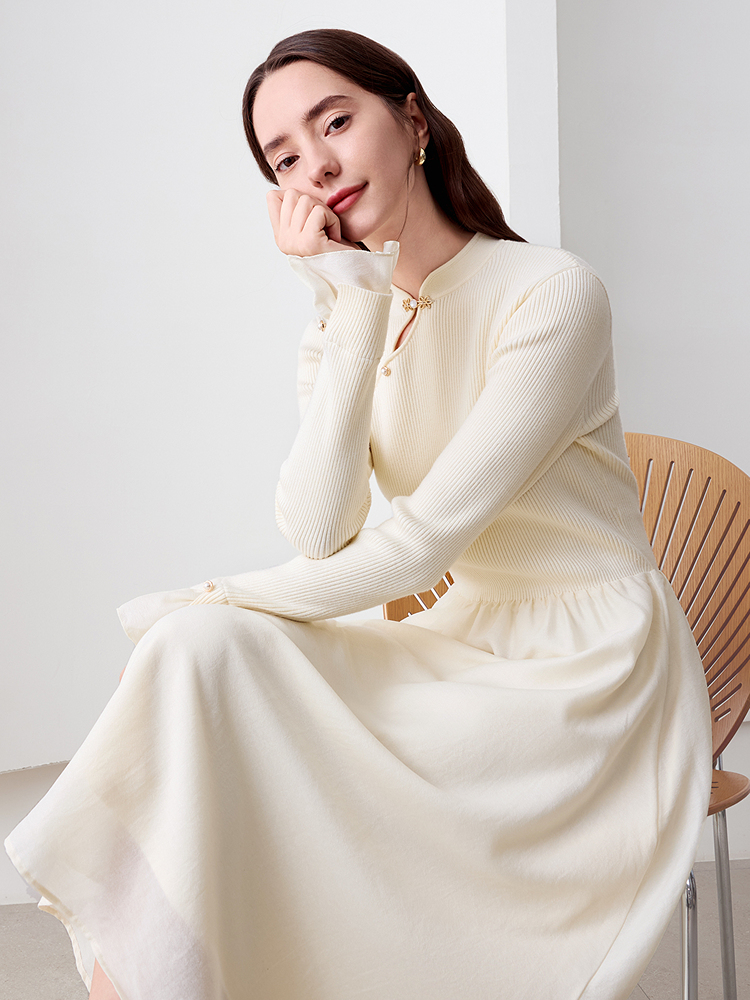 ロングワンピース ニット チャイナボタン リブ編みロングワンピース