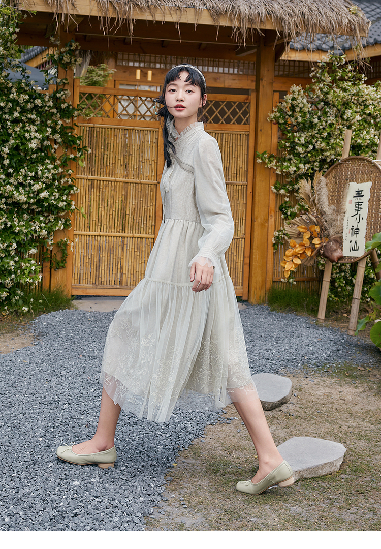ロングワンピース シャツ フリル襟リボン付きティアード長袖シャツワンピース