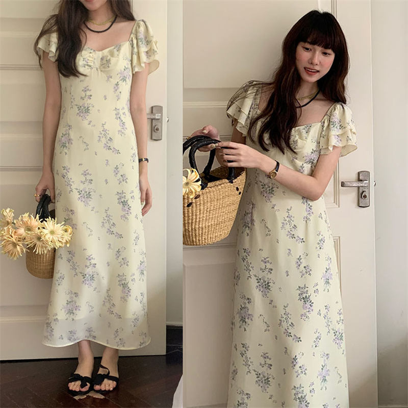 春夏新作フレア袖花柄ロングワンピース上品気質